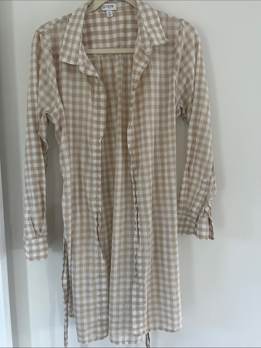J. Crew Beige and White Gingham Long-Sleeve Shirt Dress